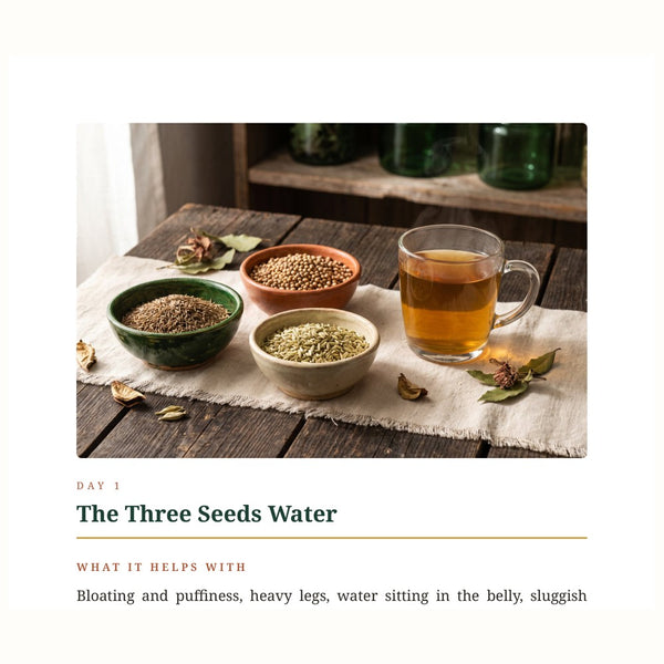 Actual Day 1 The Three Seeds Water page excerpt from Drain and Deepen ebook