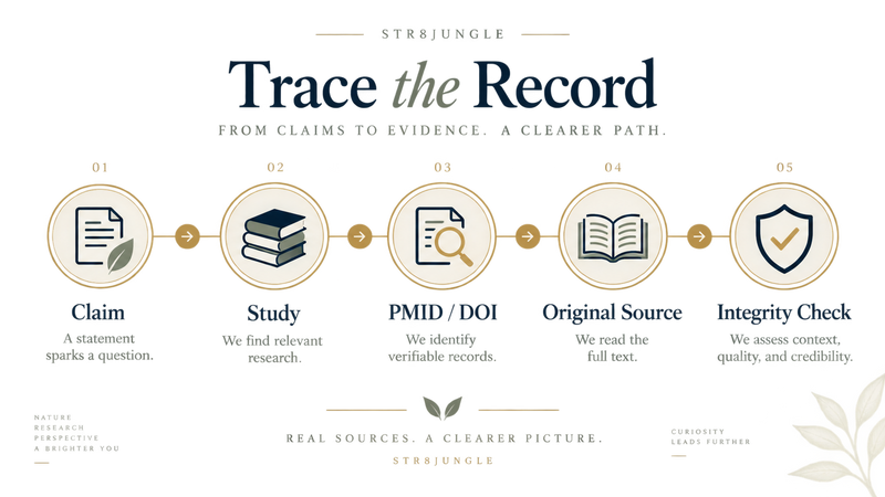 Trace the Record: claim to study to PMID or DOI to original source to integrity check