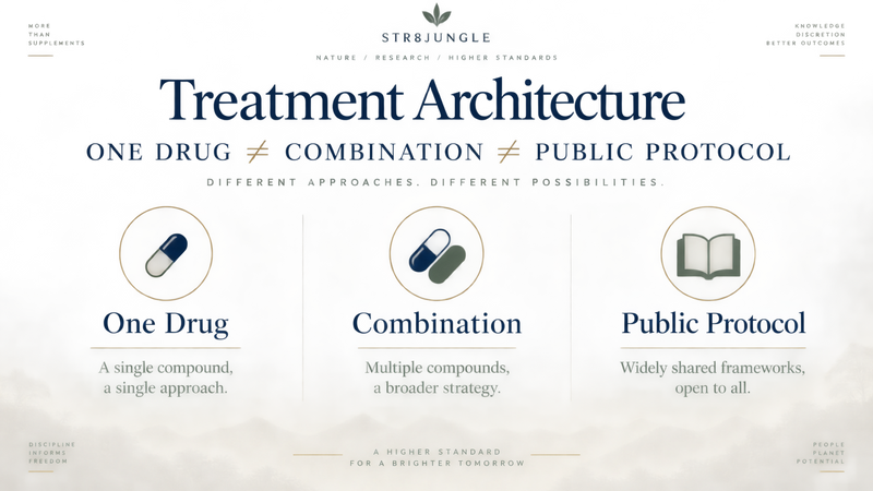 Treatment architecture: one drug, combination use, and public protocol are different evidence structures